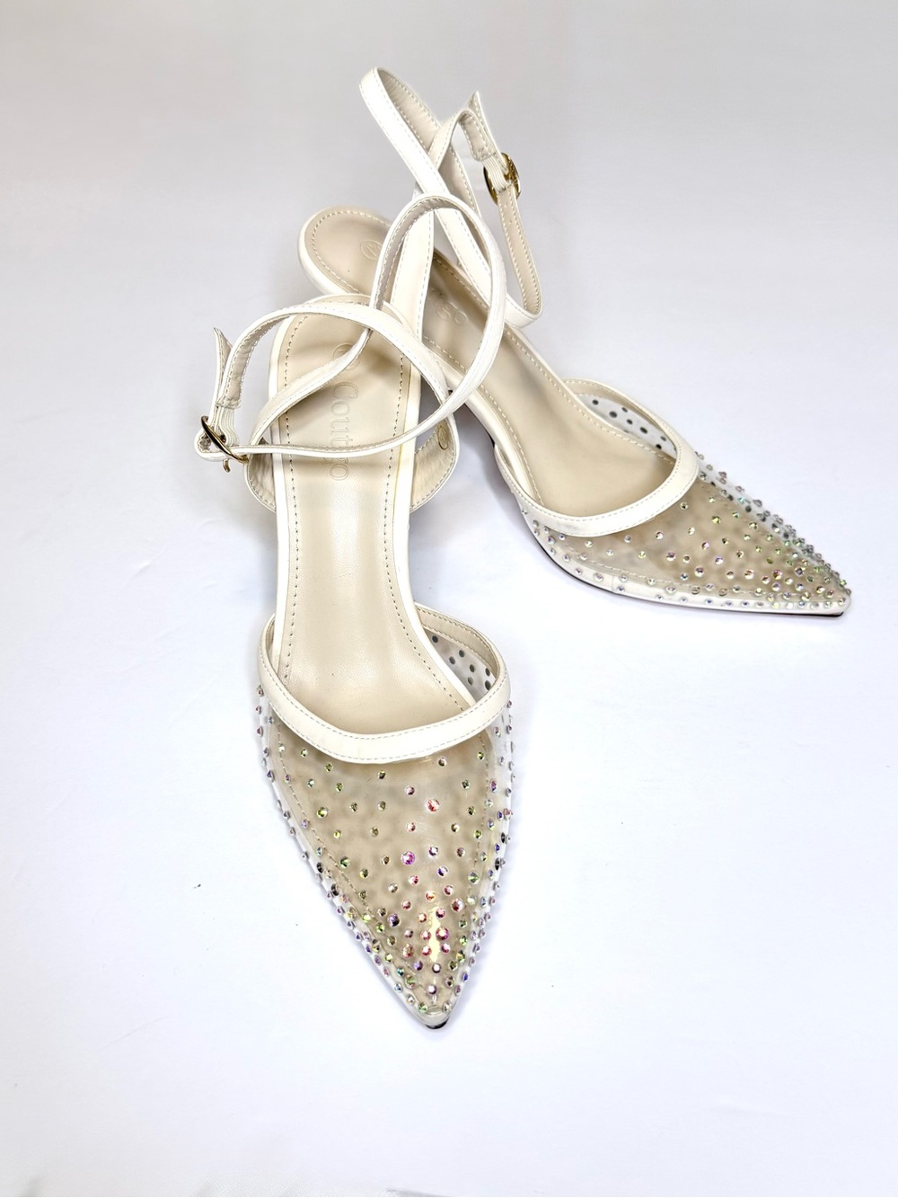 Coutgo White Rhinestone Stiletto Slingback Heels sz 7.5